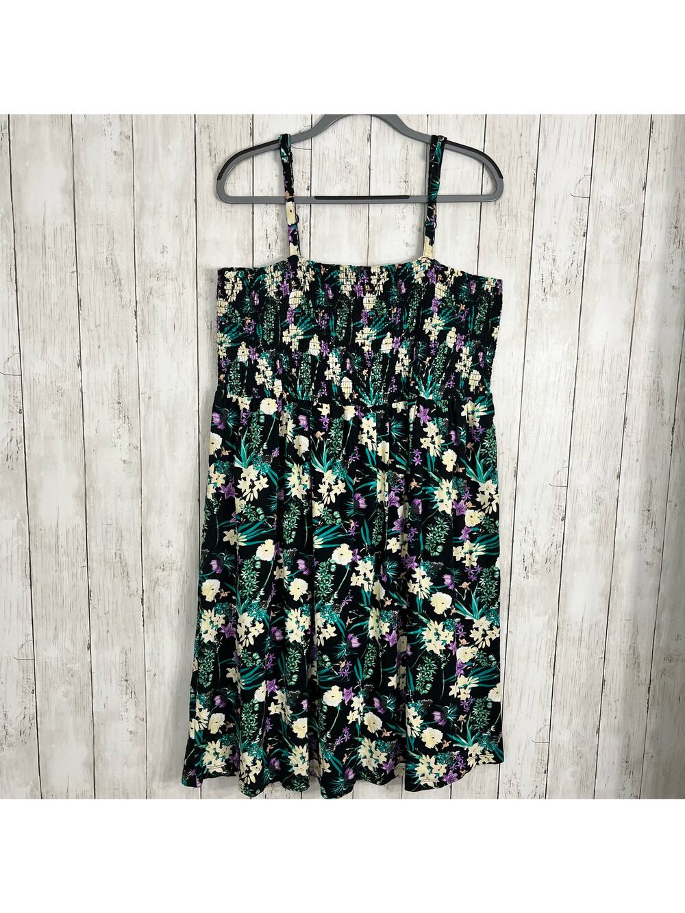 Ellos Black Plus Size Smocked Bodice Floral Stretchy Tank Knee Length Dress 1X